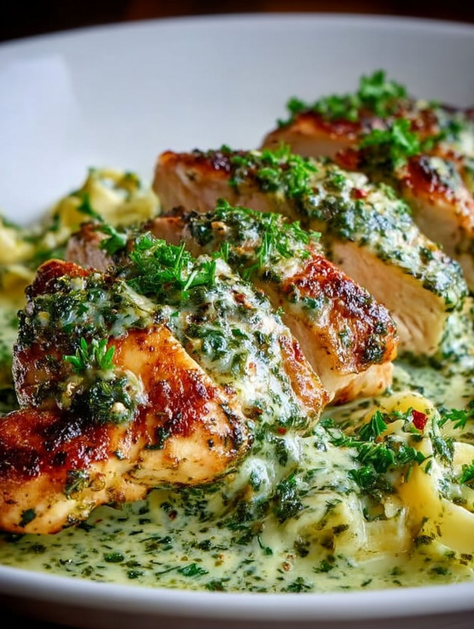 Talerz kurczaka z kremowym sosem pesto.