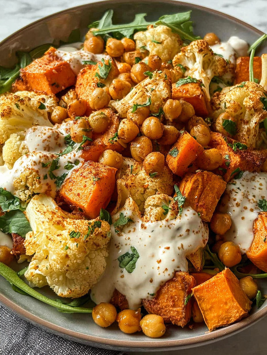 Glow bowl z pieczonymi warzywami i sosem tahini jogurtowym.