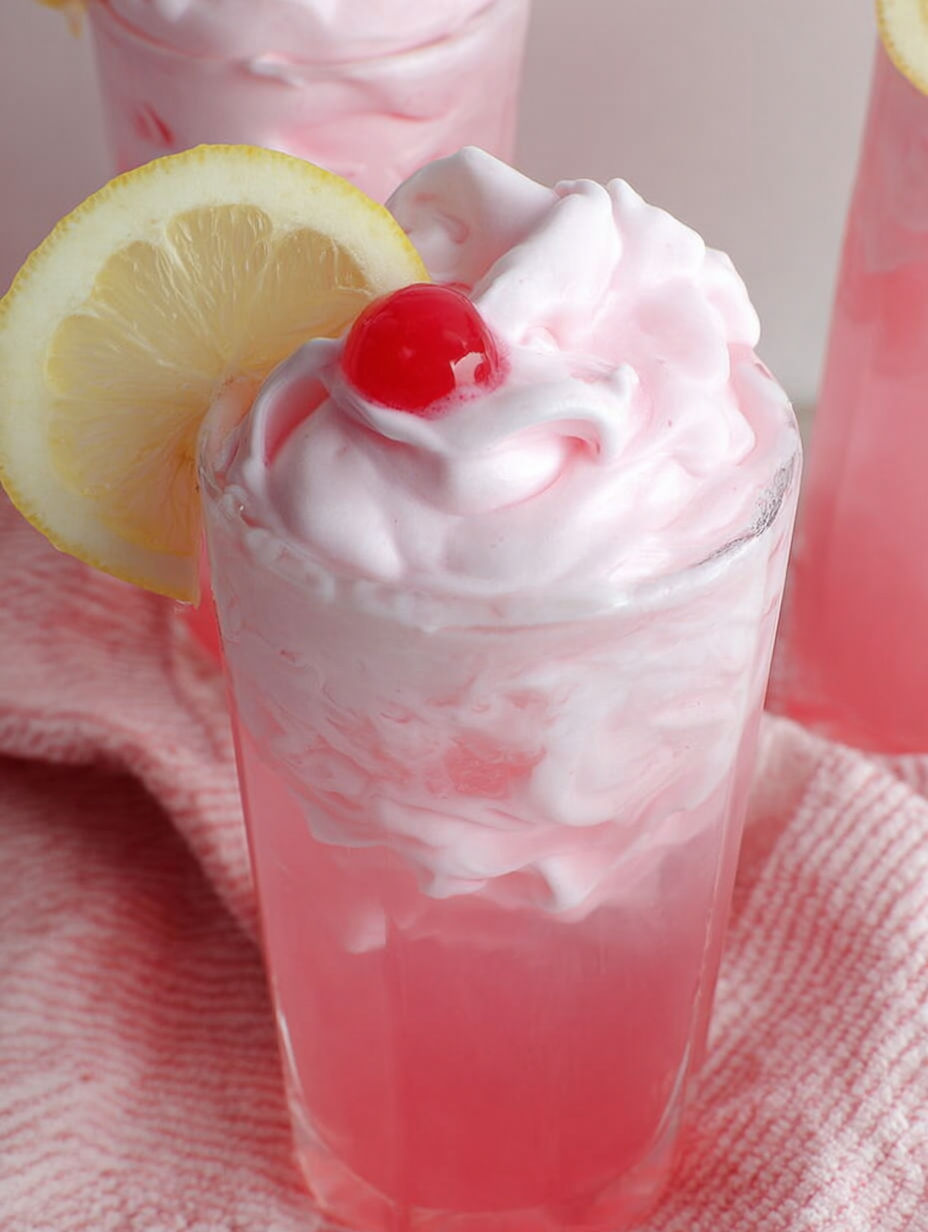 Szklanka różowej lemoniady z bitą śmietaną i plasterkiem cytryny