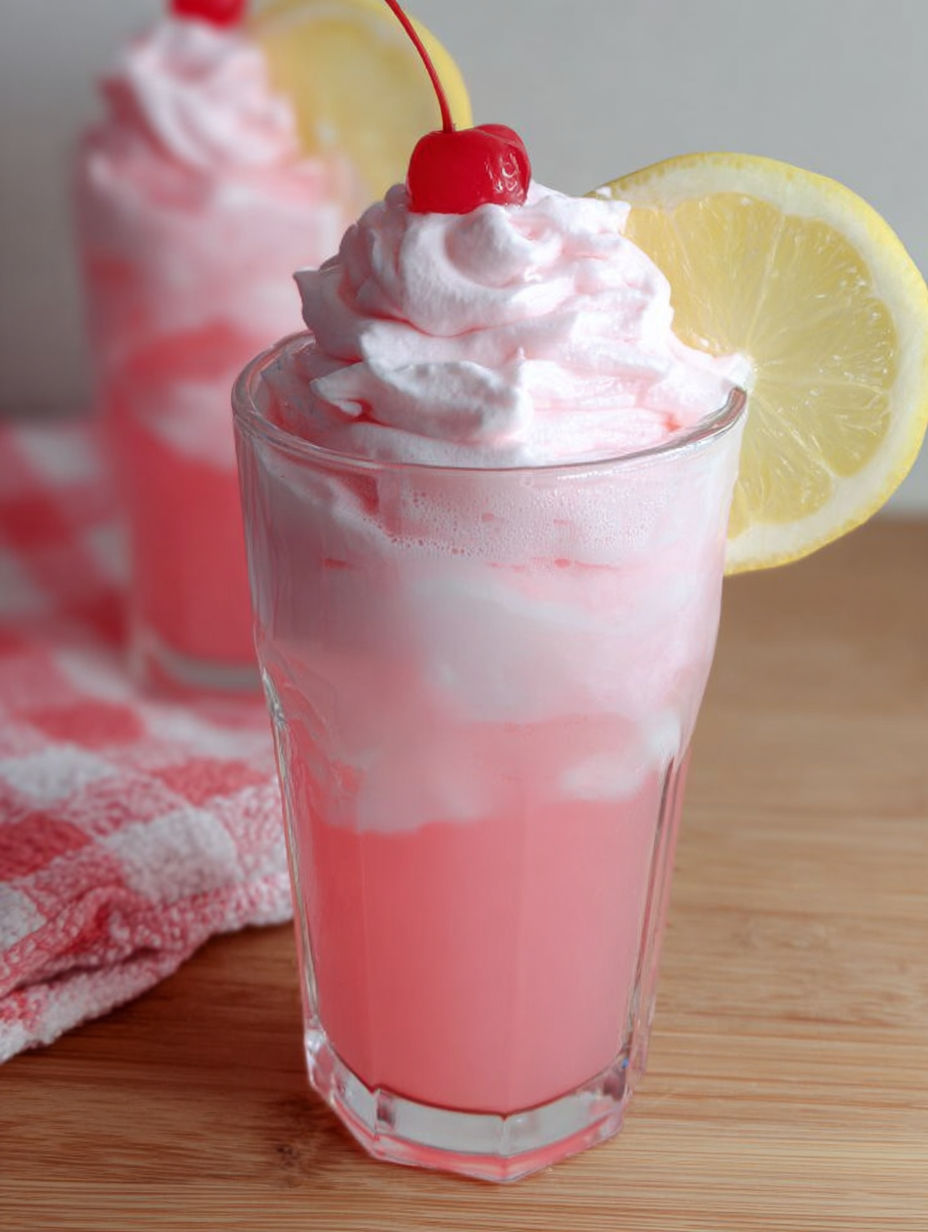 Szklanka różowej lemoniady z plasterkiem cytryny na wierzchu.