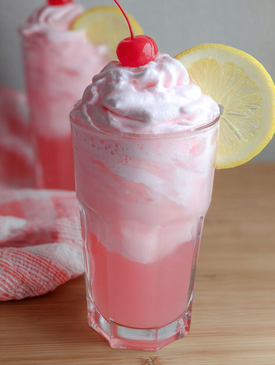 Szklanka różowej lemoniady z bitą śmietaną i plasterkiem cytryny na górze.
