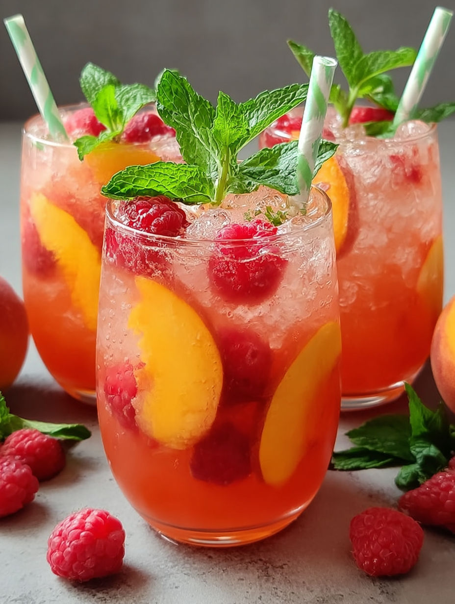 Szklanka malinowo-brzoskwiniowej lemoniady z zieloną słomką.