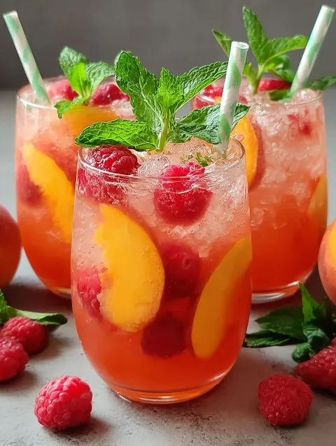 Szklanka malinowo-brzoskwiniowej lemoniady z zieloną słomką.