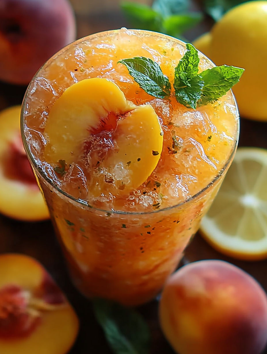 Szklanka soku z brzoskwini z plasterkiem cytryny na wierzchu.