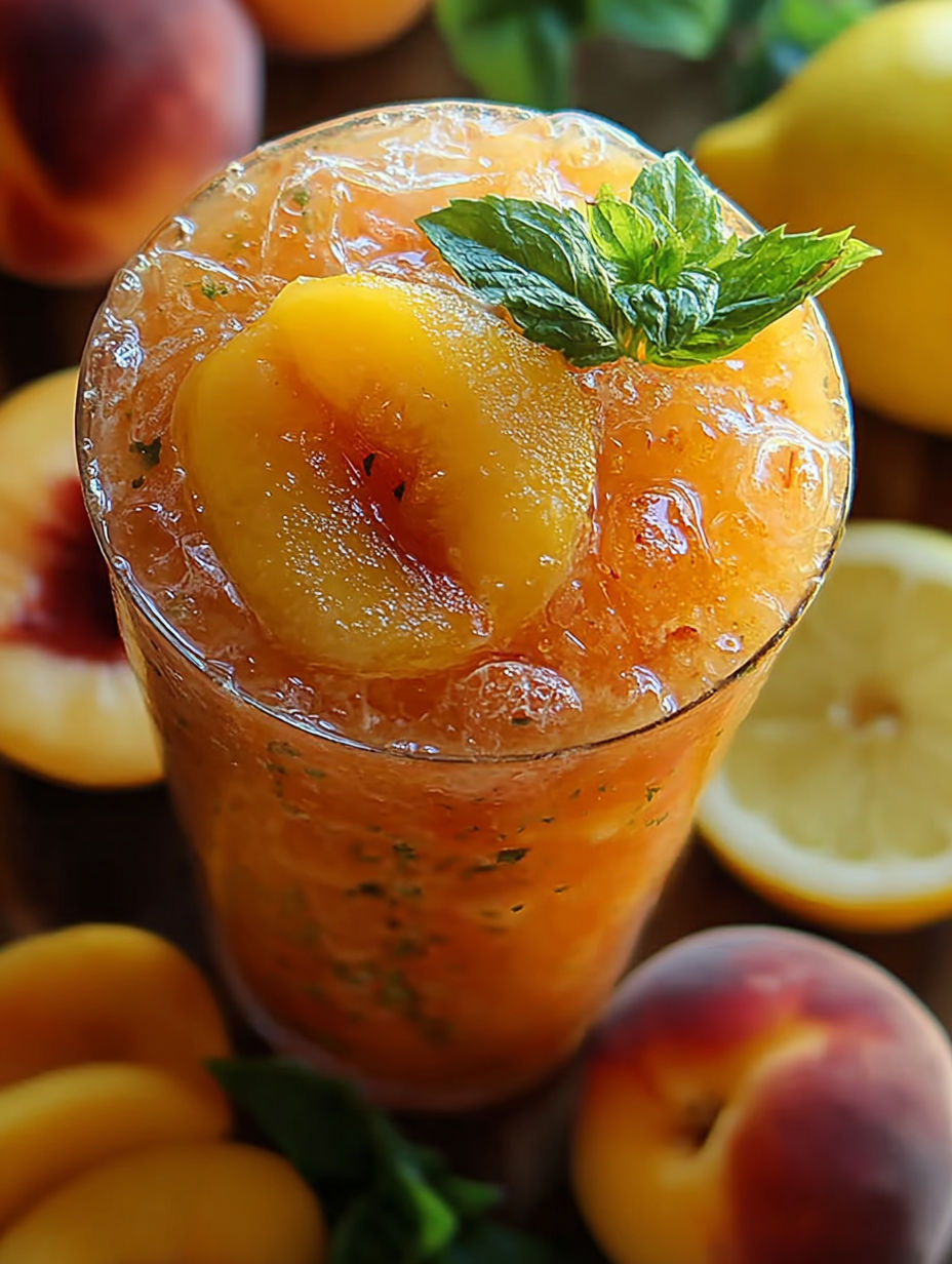 Szklanka soku z brzoskwini z plasterkiem cytryny na wierzchu.