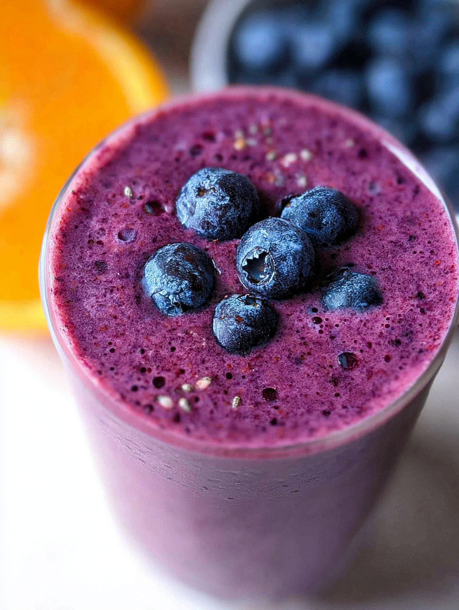 Szklanka smoothie jagodowego z jagodą w środku.