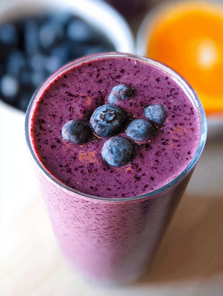 Szklanka koktajlu z jagodami na wierzchu.