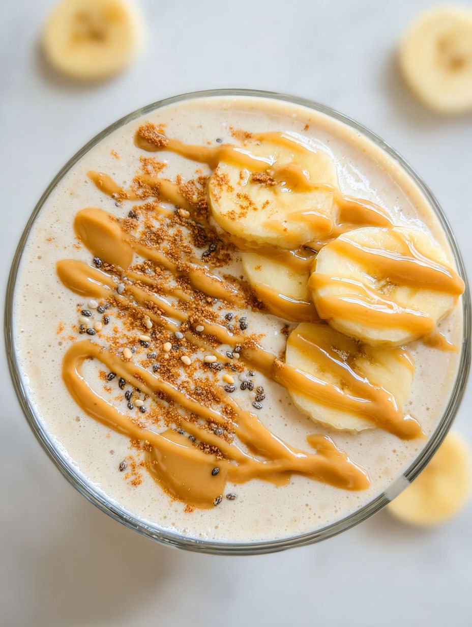Szklanka kremowego koktajlu z masłem orzechowym i bananem.