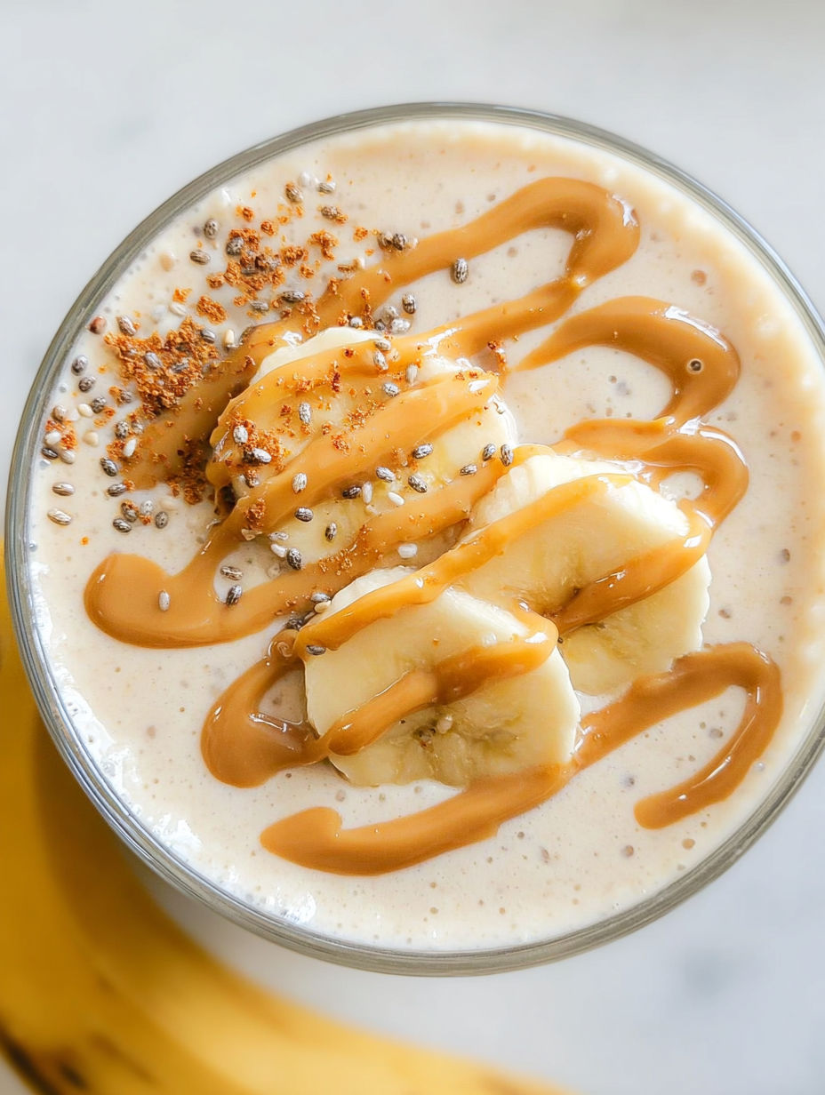 Szklanka koktajlu z bananem i masłem orzechowym.