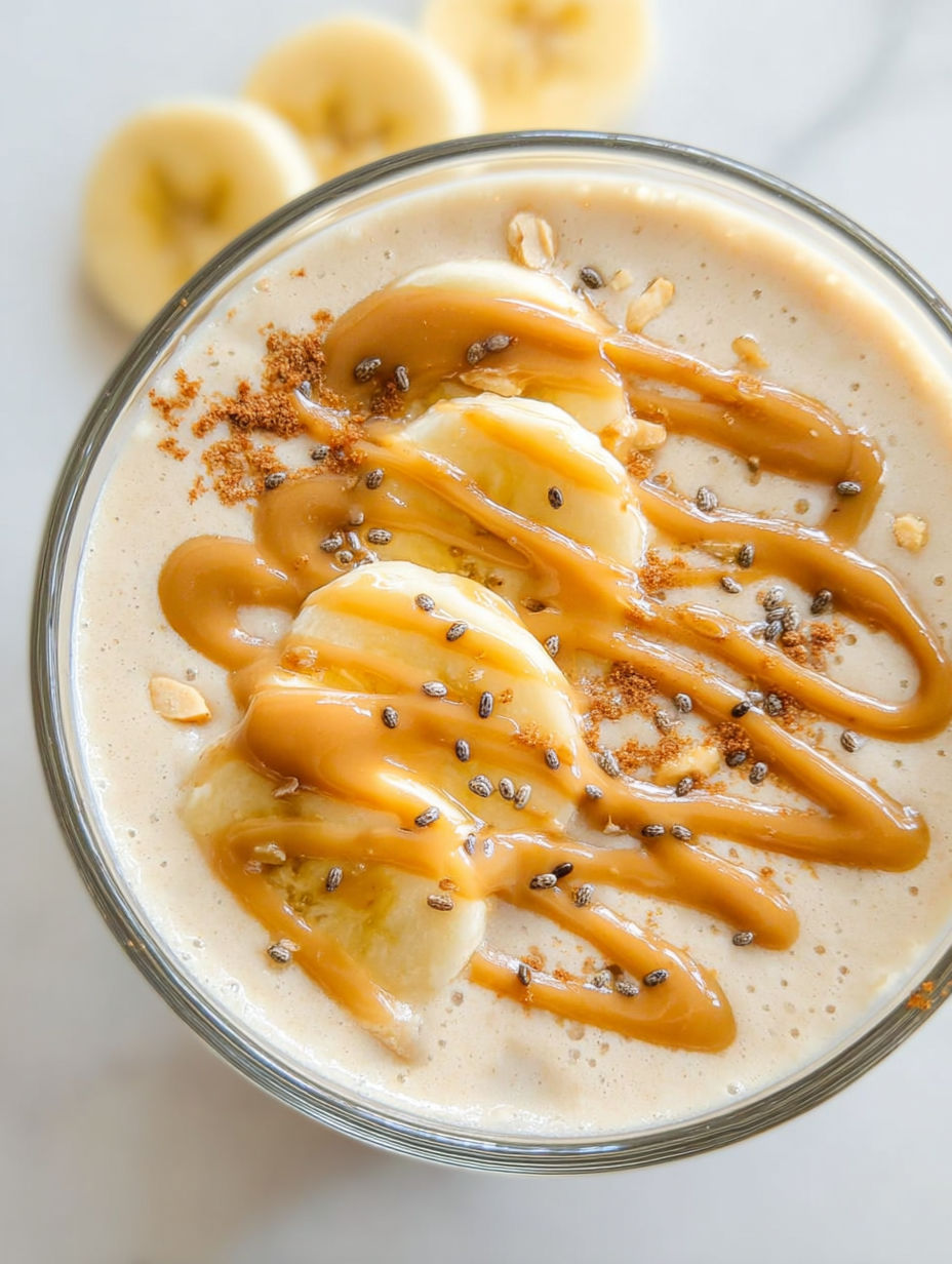 Szklanka koktajlu z bananem i masłem orzechowym.