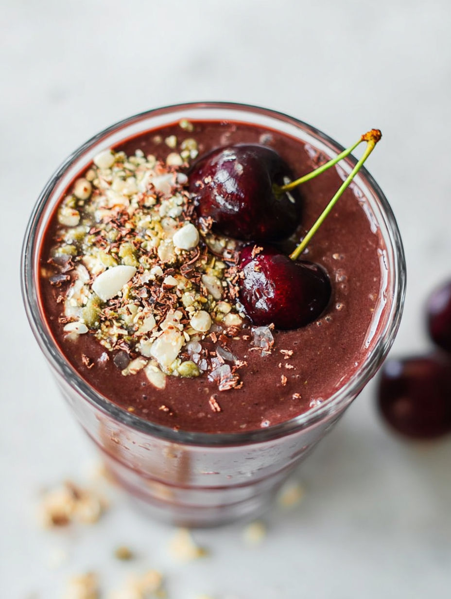 Szklanka koktajlu czekoladowo-wiśniowego z wiśniami na wierzchu.