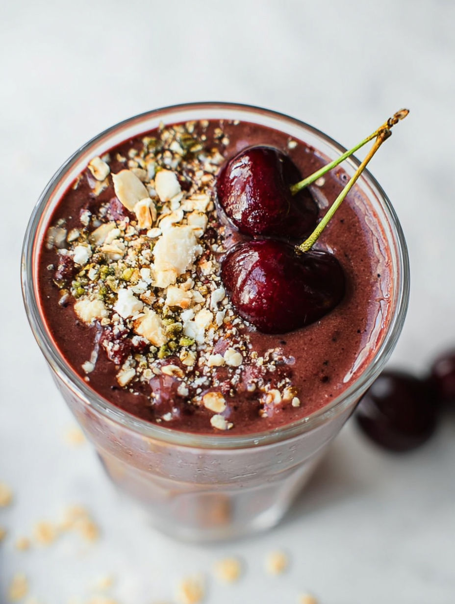 Szklanka koktajlu czekoladowo-wiśniowego z wiśniami na wierzchu.