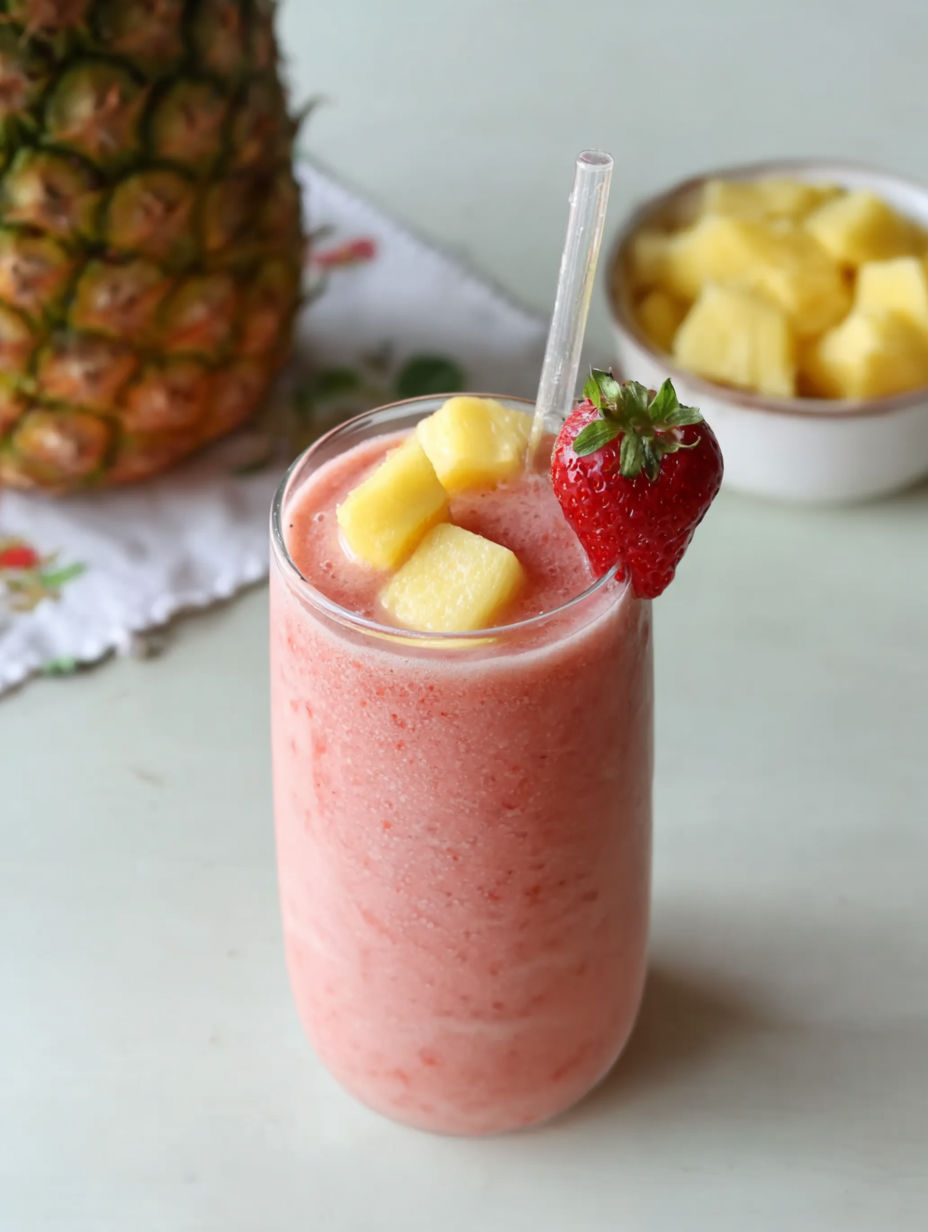 Szklanka różowego smoothie z truskawką na wierzchu.