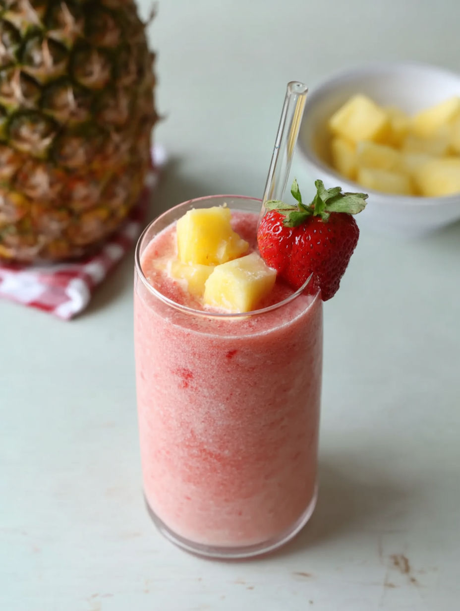 Szklanka smoothie z ananasem i truskawkami.