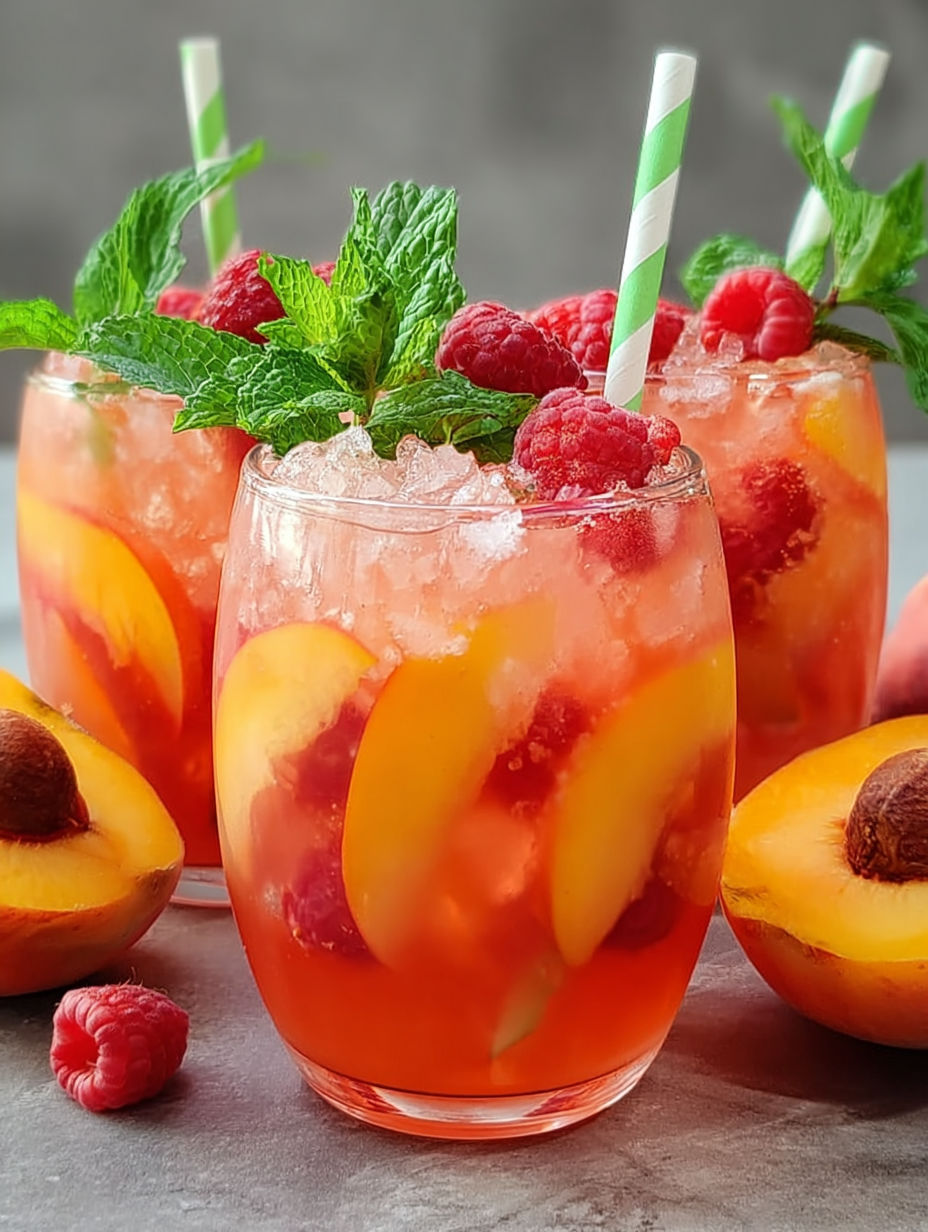 Dwa kieliszki lemoniady malinowo-brzoskwiniowej.