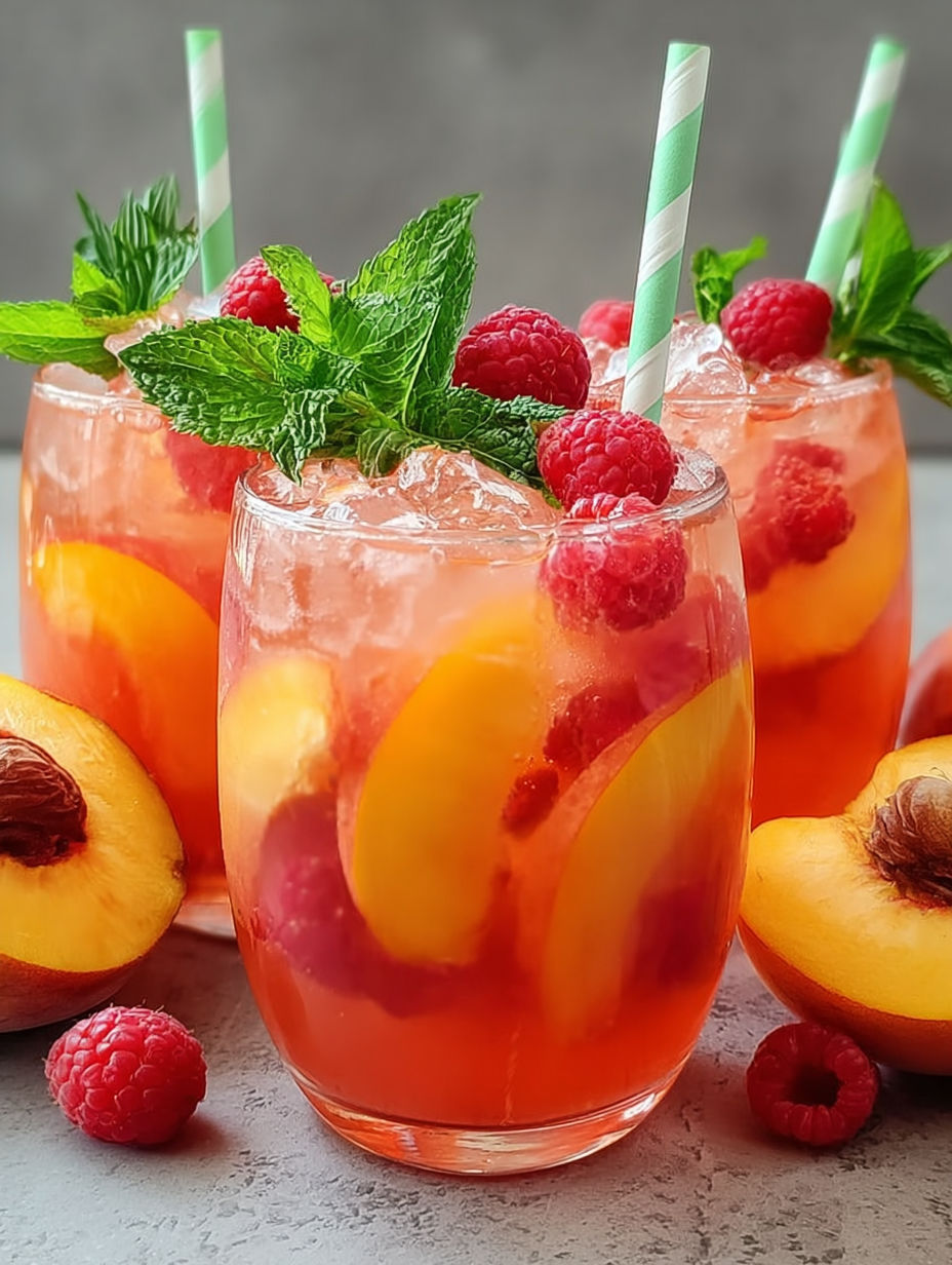 Szklanka lemoniady malinowo-brzoskwiniowej z zieloną słomką.