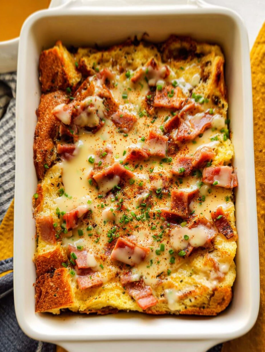 Zapiekanka z jajkami benedict na wierzchu.