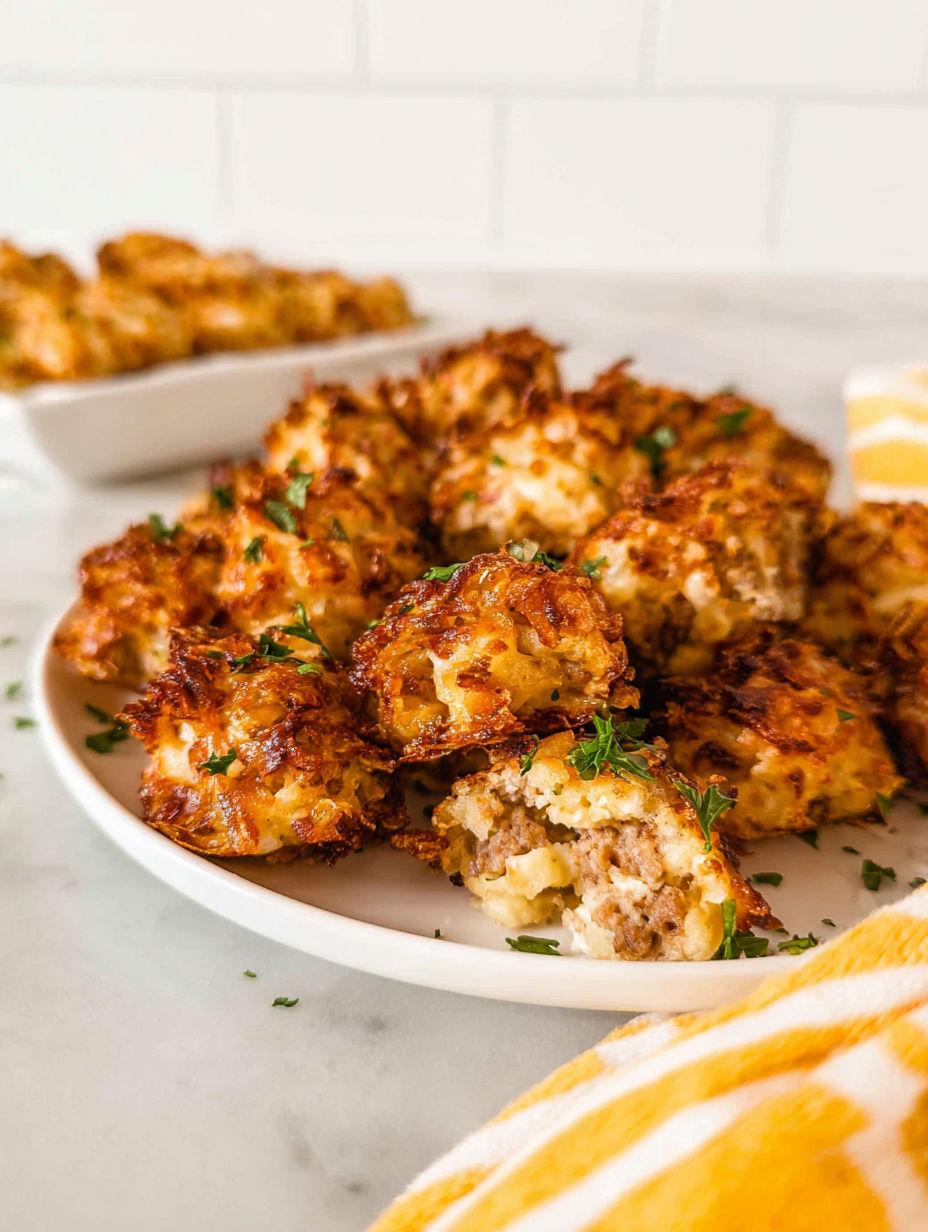 Talerz pełen chrupiących kulek z Ziemniaków i kiełbasy.