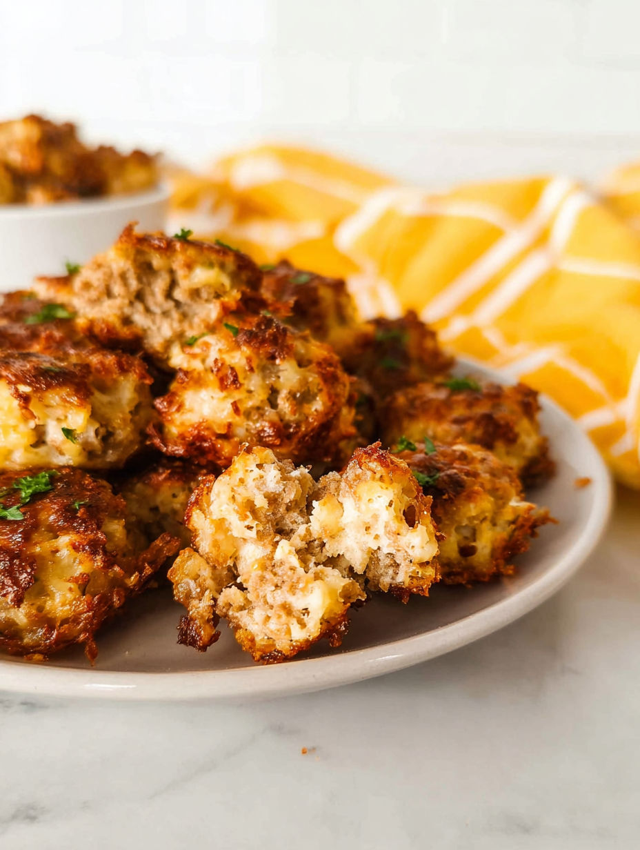 Porcja chrupiących kulek z ziemniaków i kiełbasy.