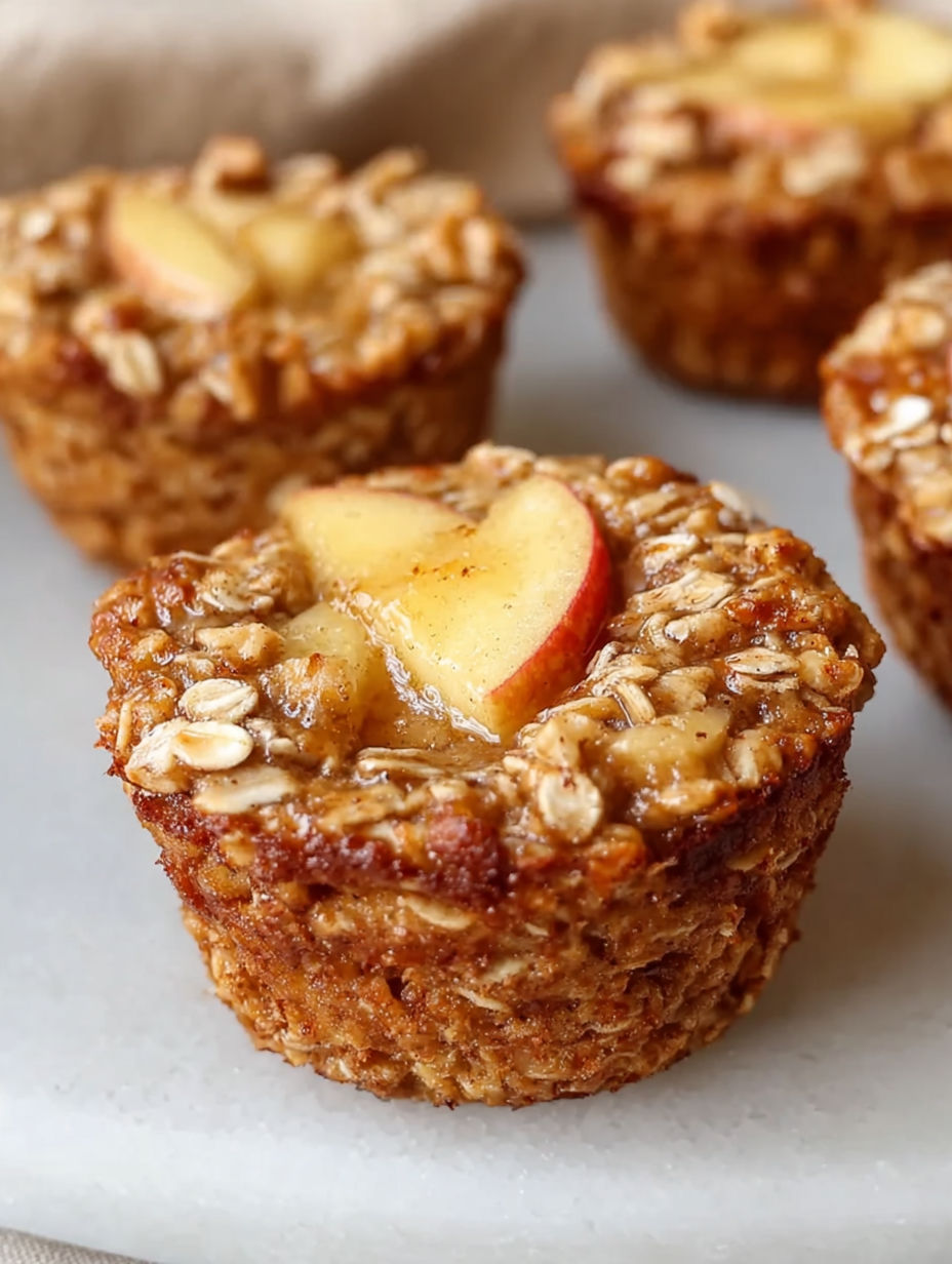 Zbliżenie na upieczoną muffinkę owsianą z jabłkiem i cynamonem.