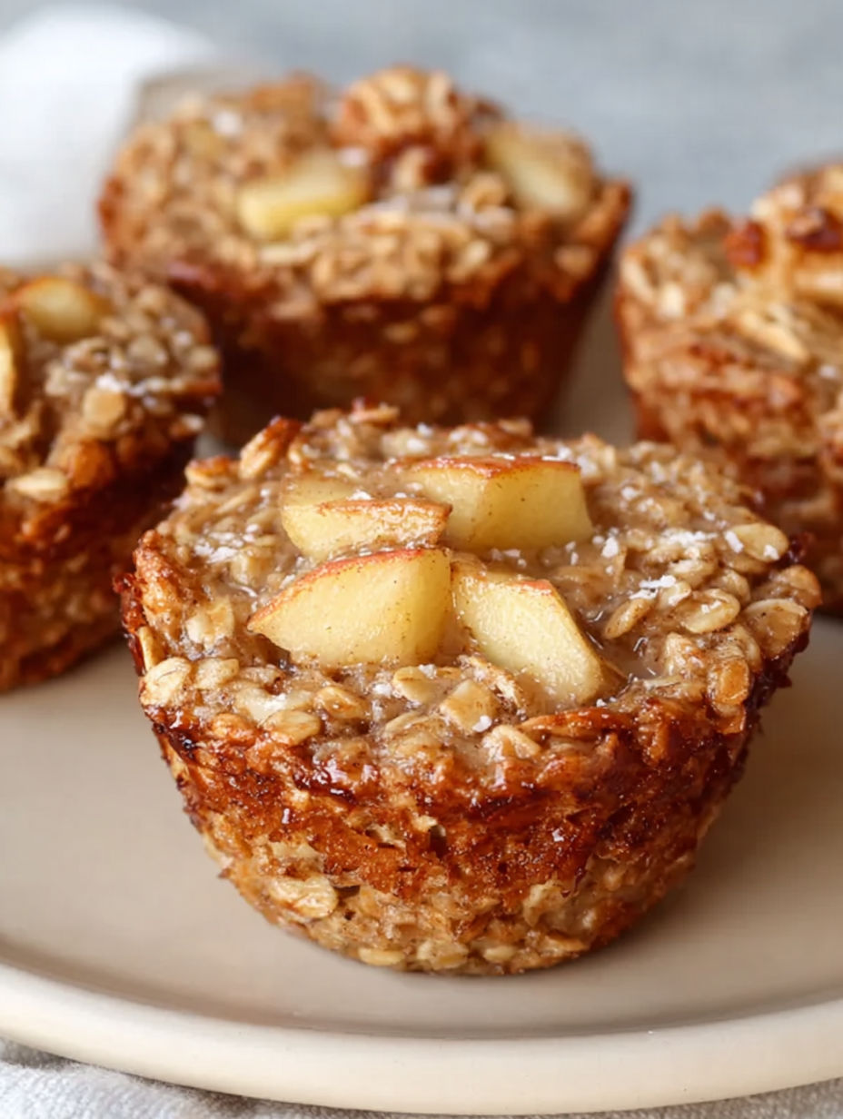 Trzy upieczone muffinki owsiane z jabłkiem i cynamonem.