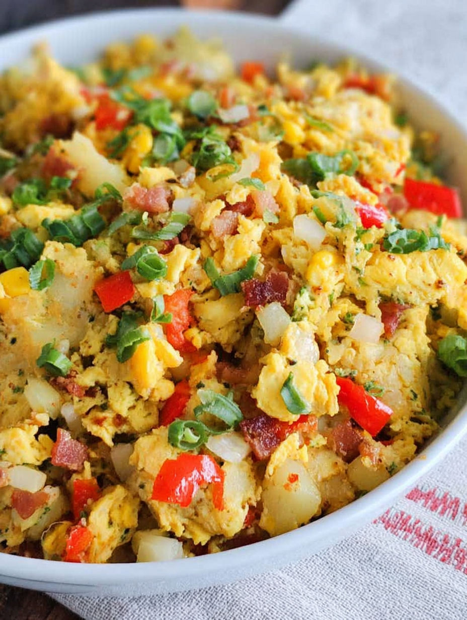 Jajeczne danie z patelni z ziemniakami, papryką i boczkiem.