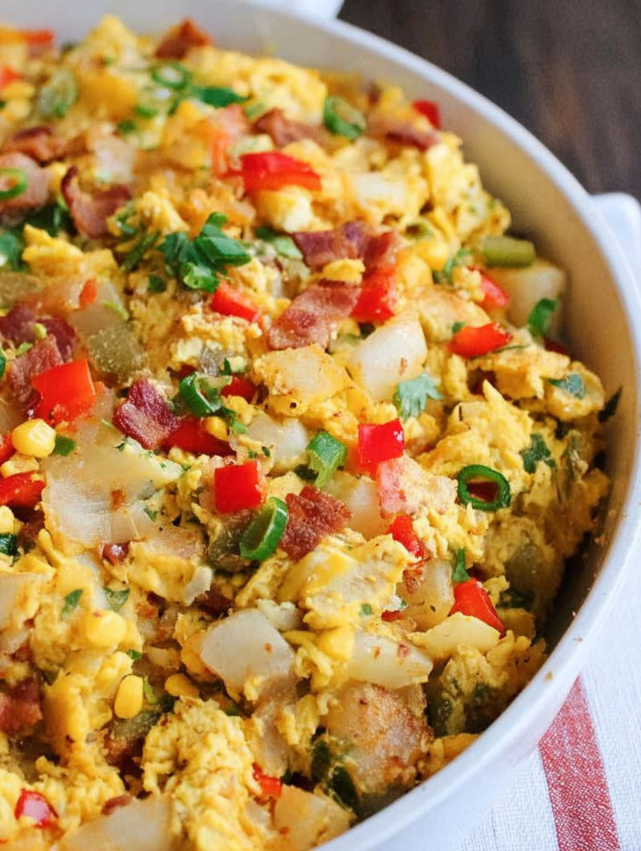Jajeczne danie z patelni z ziemniakami, papryką i boczkiem.