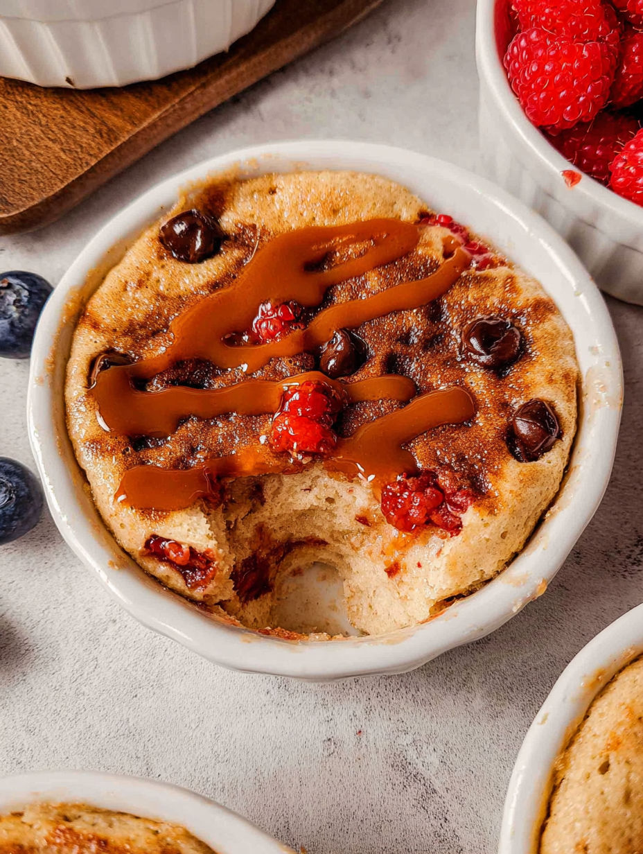 Zapiekana miska z plackiem proteinowym polana czekoladowym syropem i ozdobiona malinami.