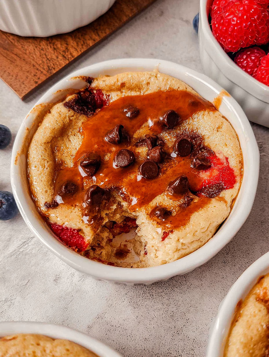 Zapiekana miska z plackiem proteinowym z kawałkami czekolady i truskawkami.