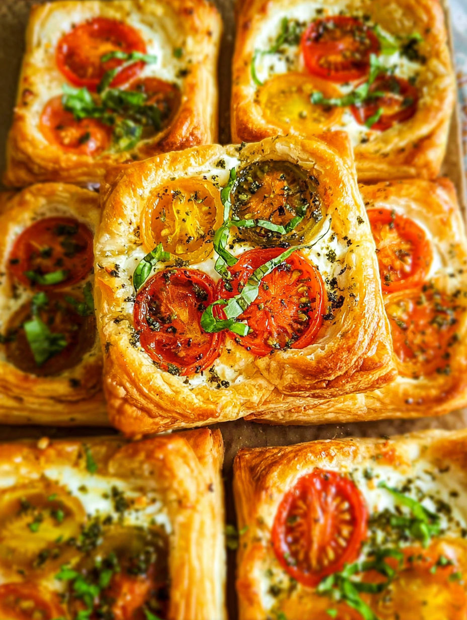 Zbliżenie na pomidorową tartaletkę z ciasta francuskiego.