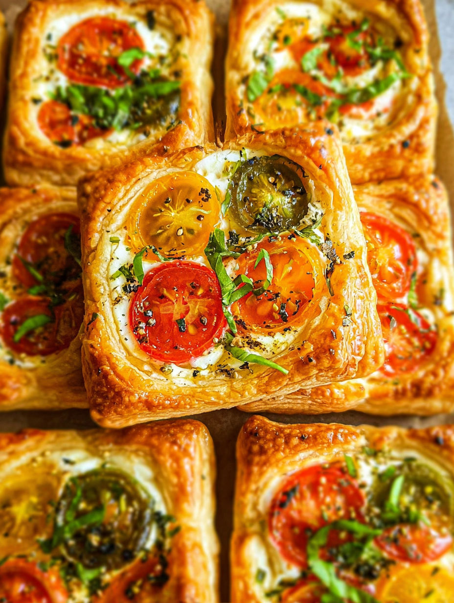 Zbliżenie na tartaletkę z pomidorami i ciastem francuskim.