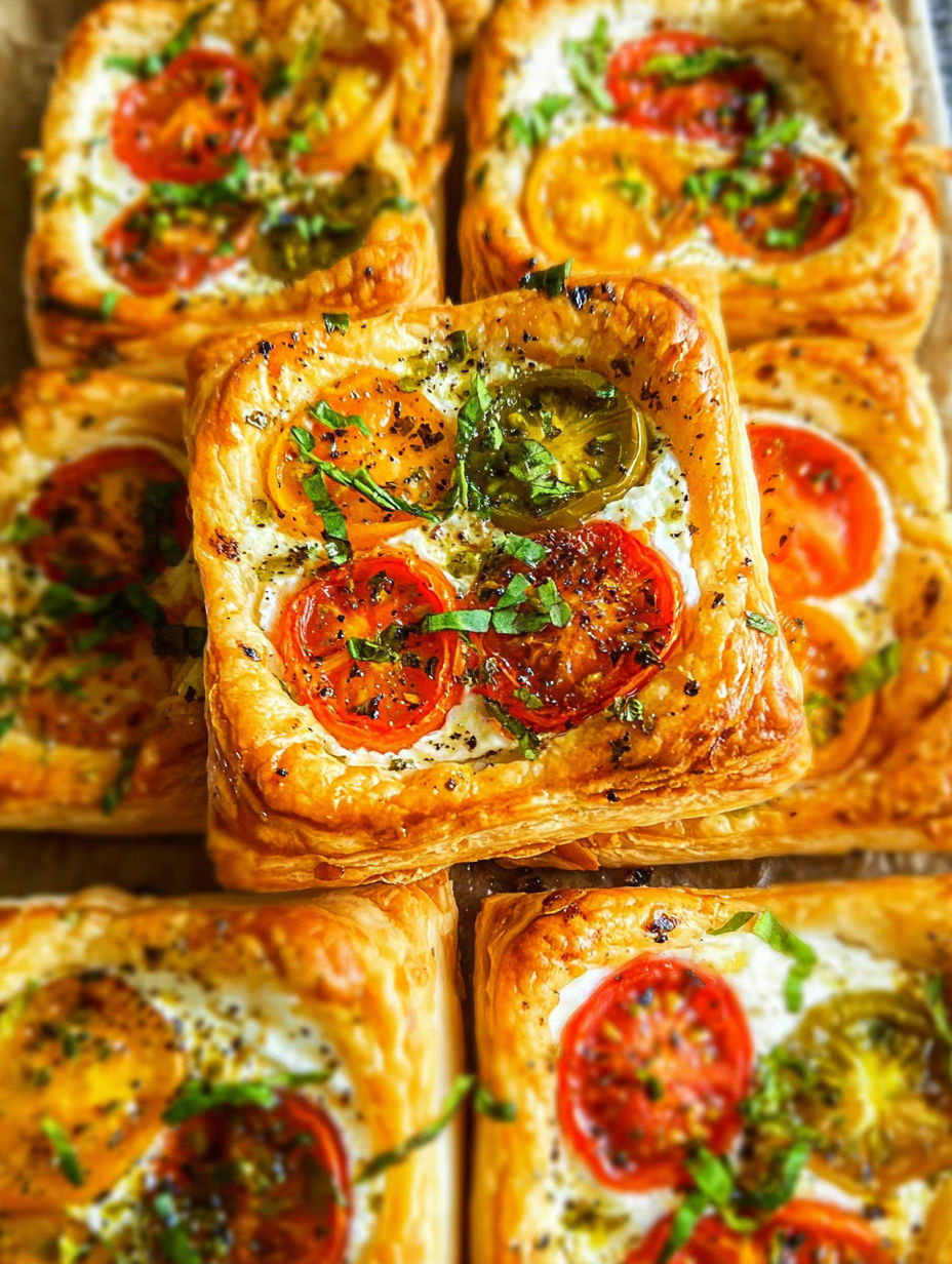 Zbliżenie na tartaletkę z pomidorami i ciastem francuskim.