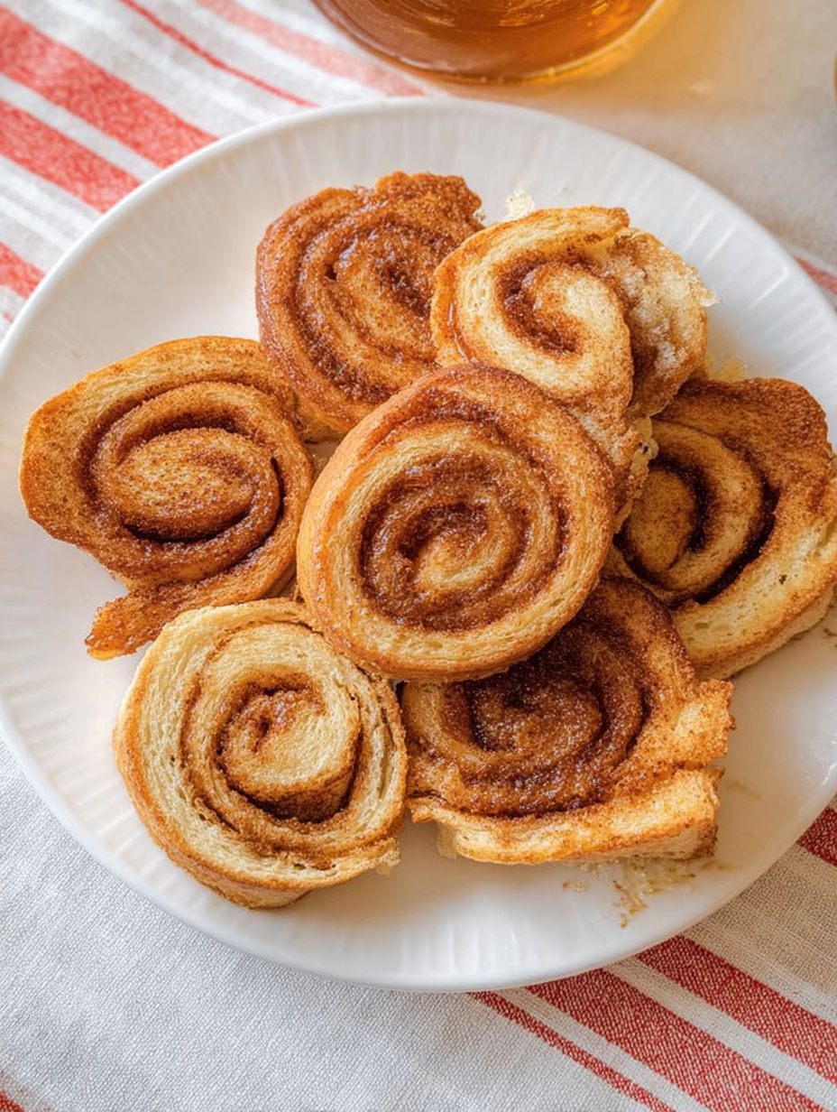 Biały talerz z cynamonowymi roladkami tostowymi.