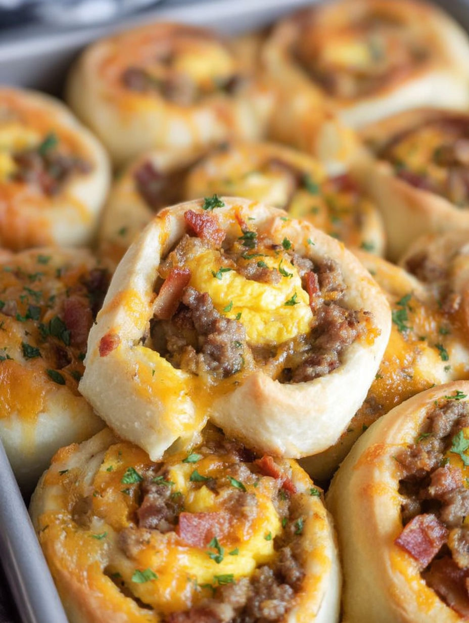 Talerz bułeczek śniadaniowych z mięsem i serem.