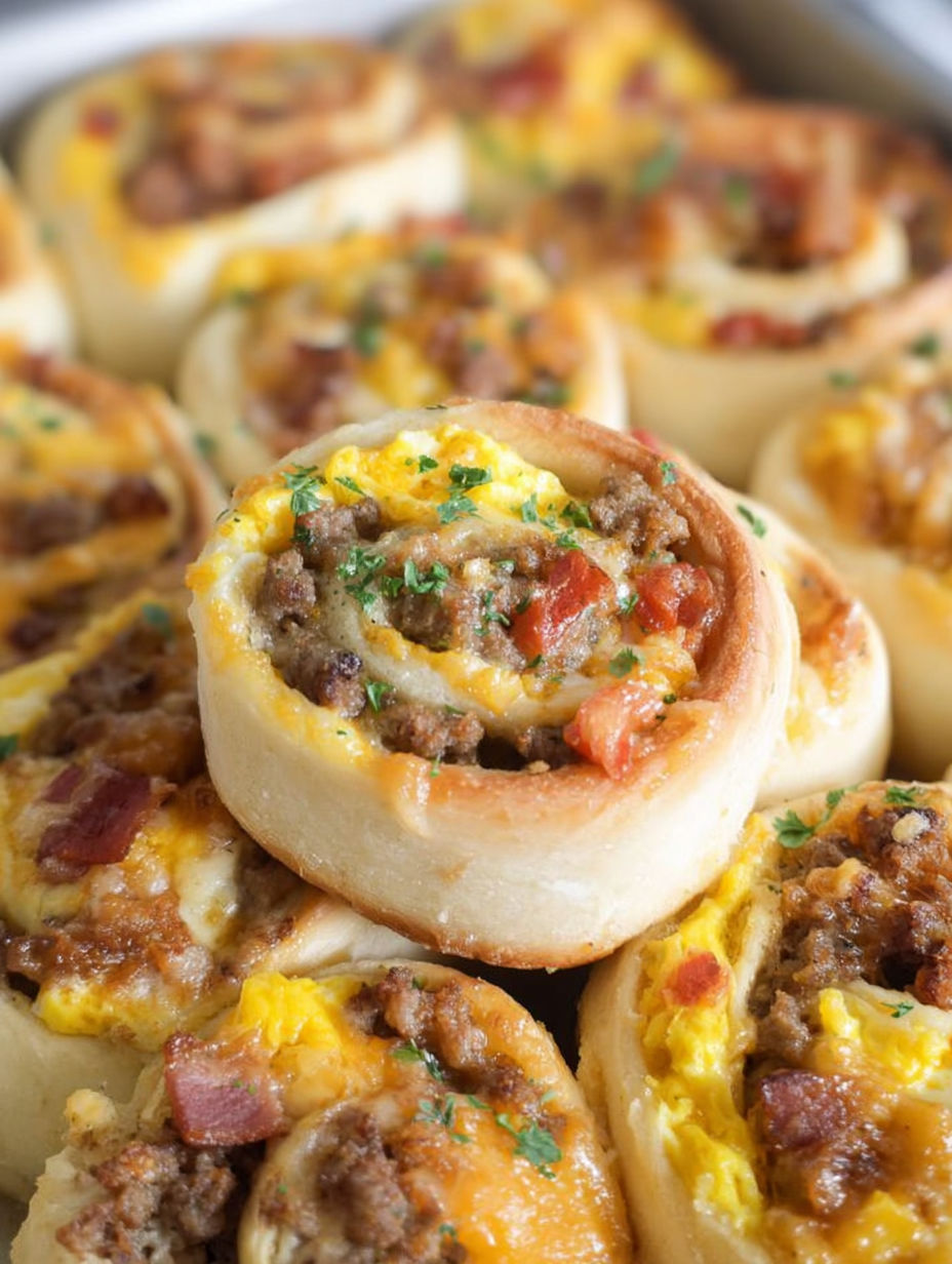 Talerz bułeczek śniadaniowych z mięsem i serem.