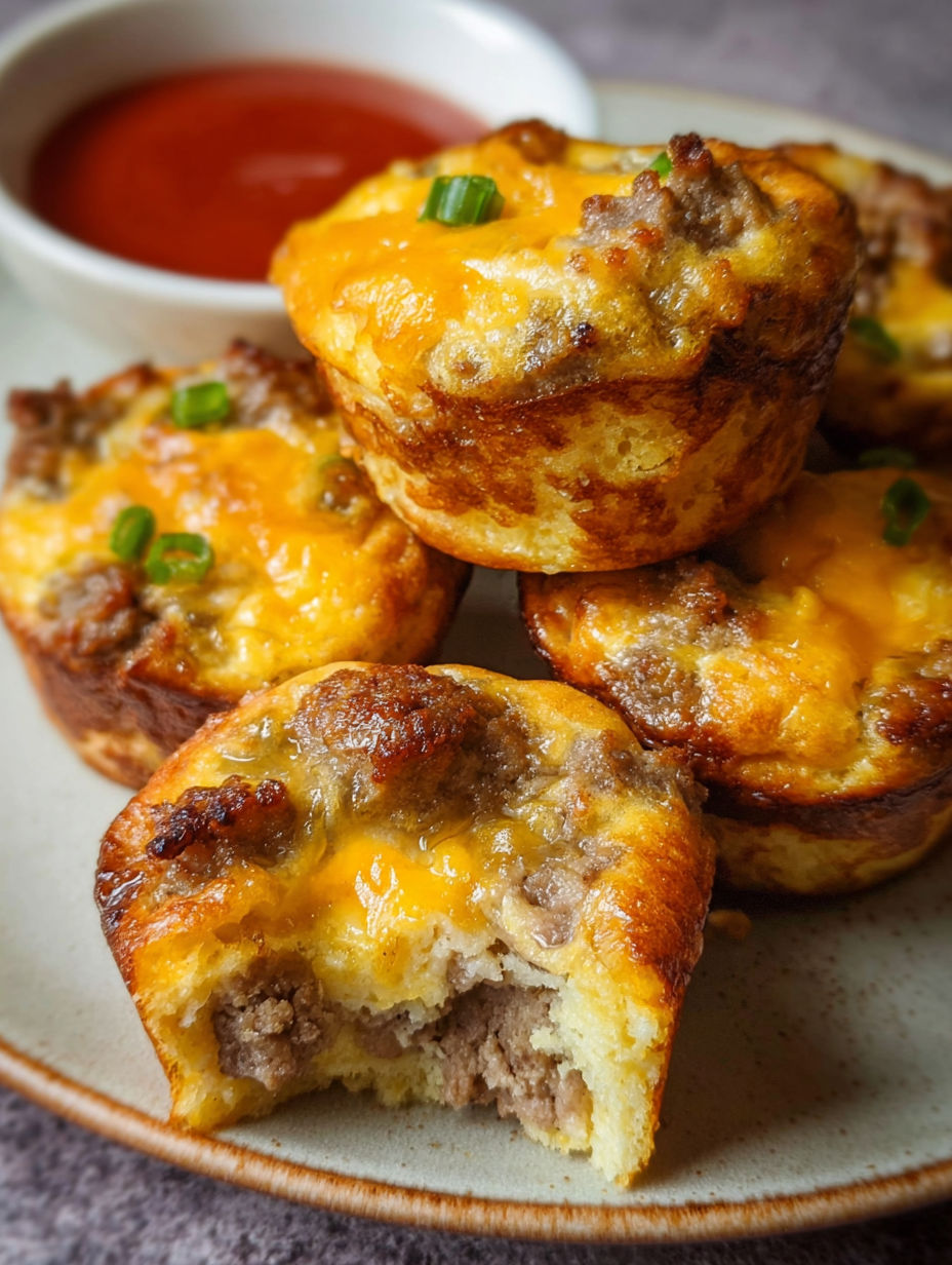 Muffinki z kiełbasą i naleśnikami podane z ketchupem.