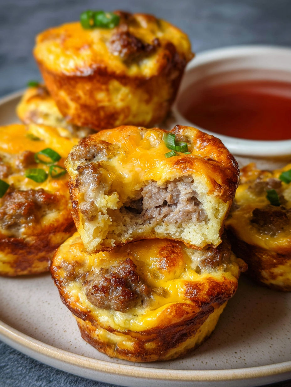 Muffinki z kiełbasą i naleśnikami podane z sosem.