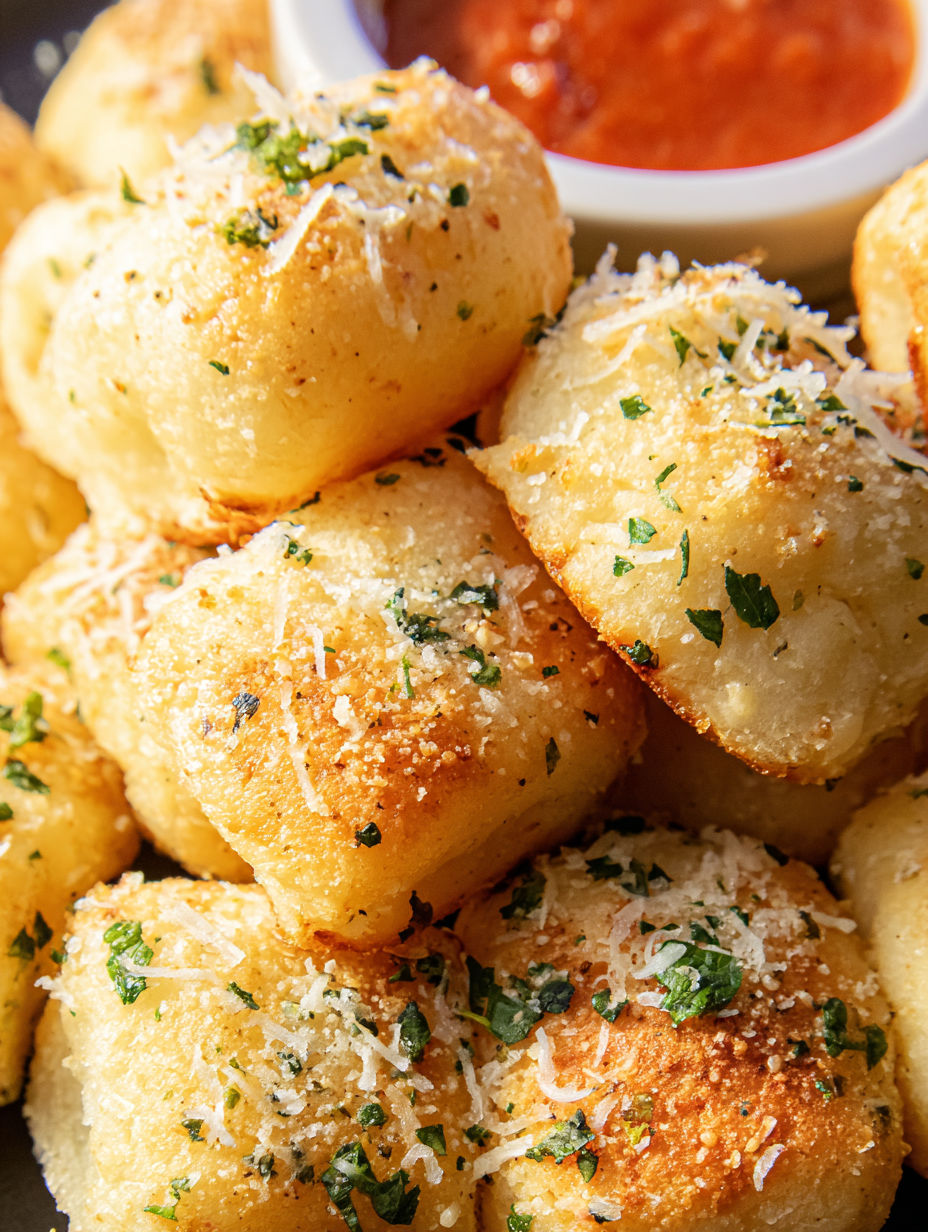 Chlebki parmezanowe z sosem.