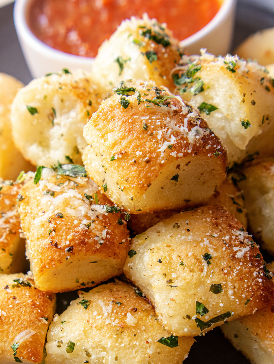 Chlebki parmezanowe z serem na wierzchu.