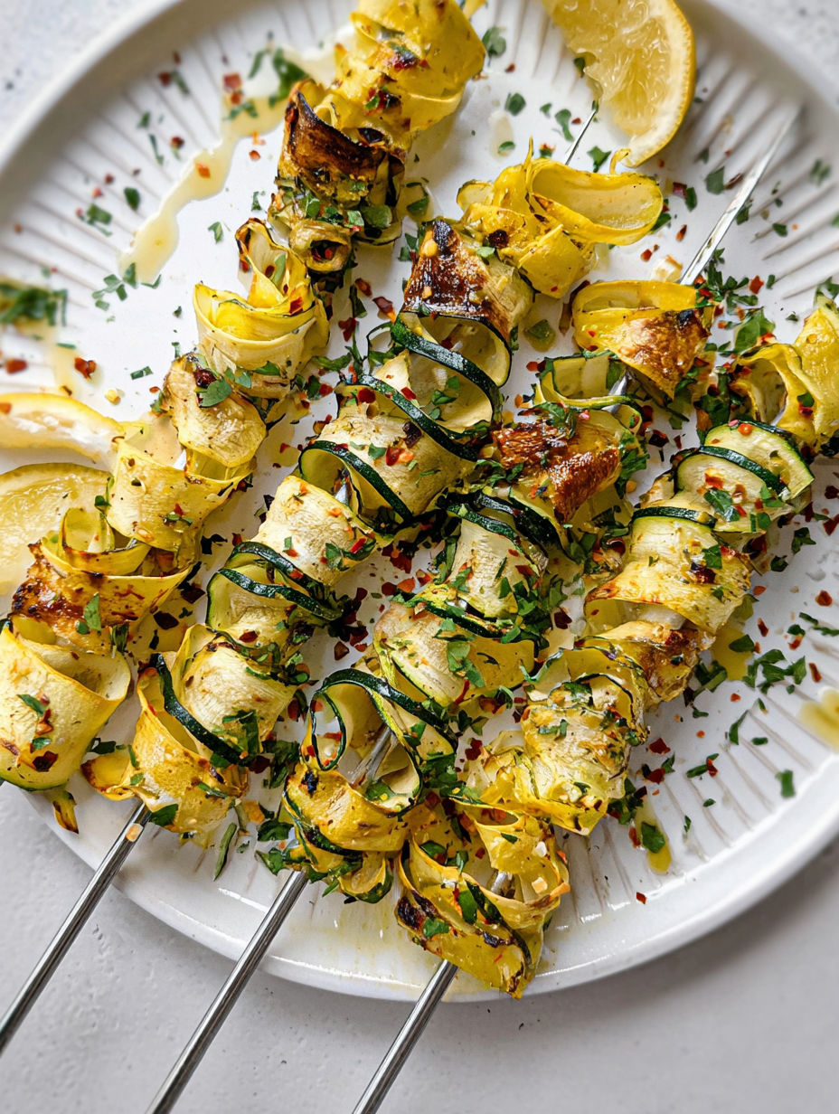 Wstążki cukinii na szaszłykach na talerzu.