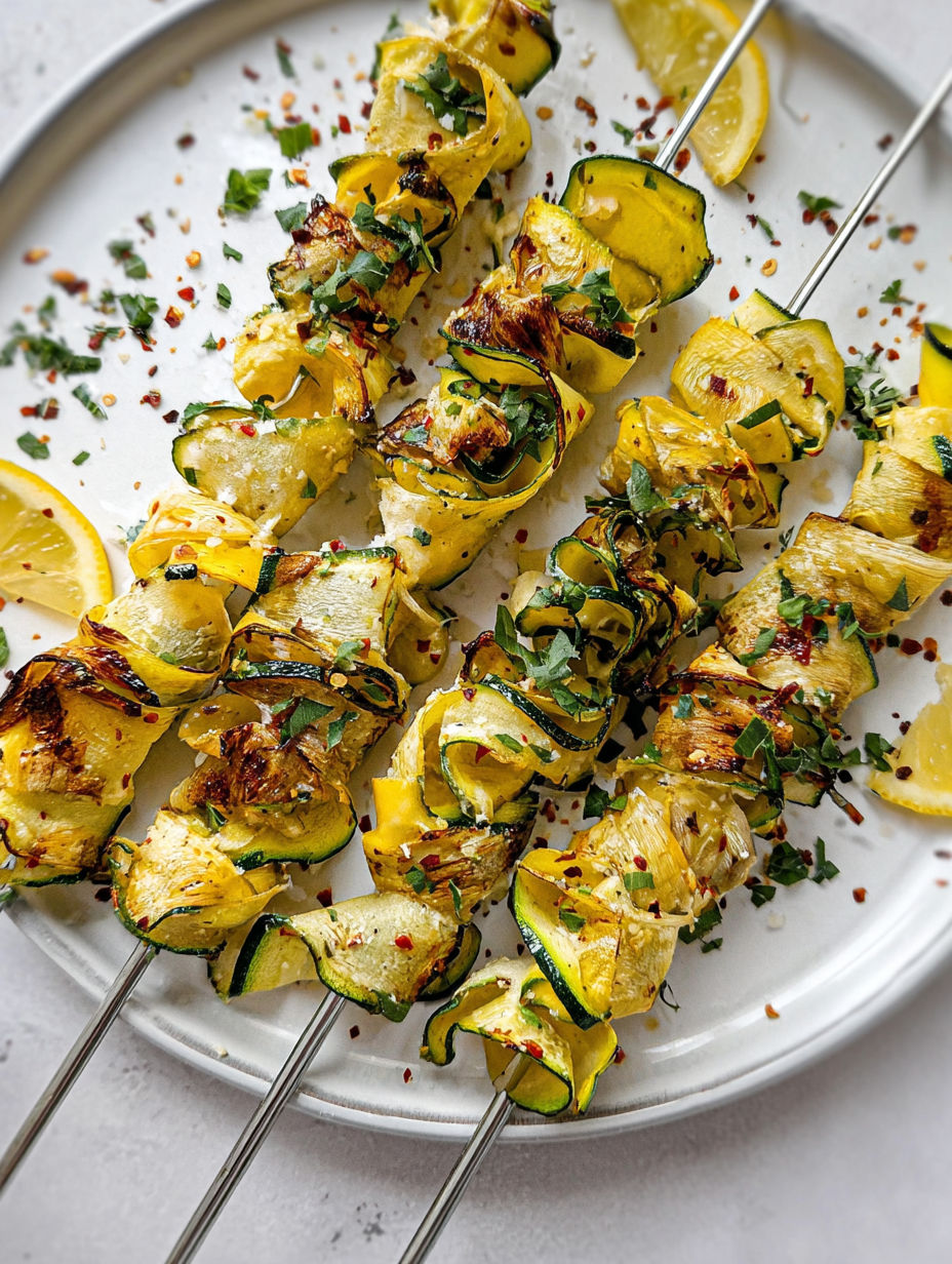 Szaszłyki z cukinii na talerzu.