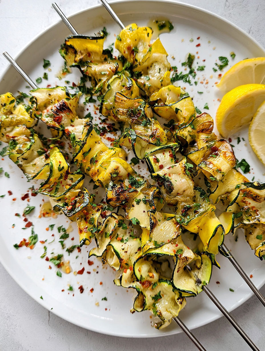 Szaszłyki z cukinii z plasterkami cytryny.