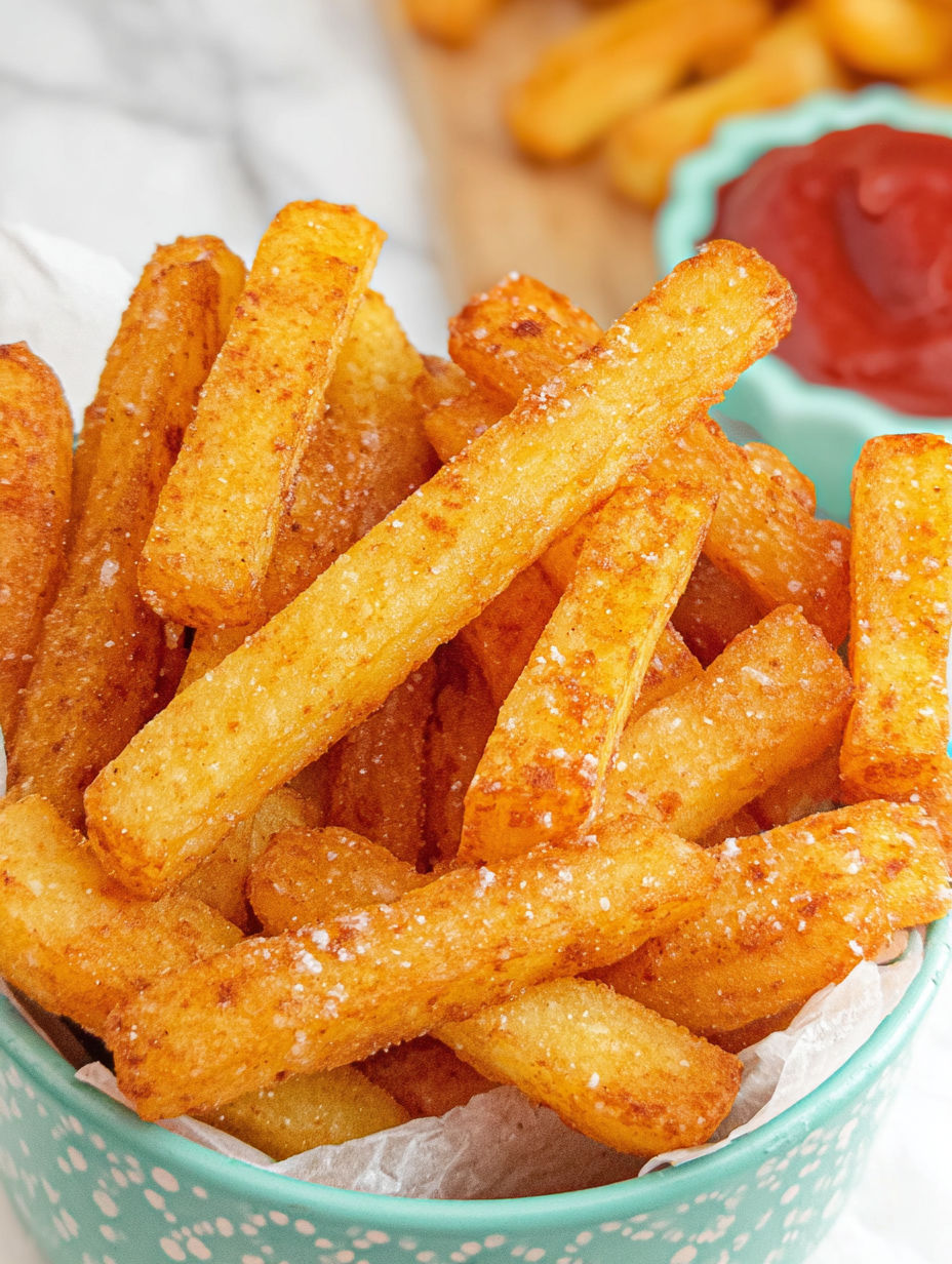 Miseczka z frytkami z tłuczonych ziemniaków.