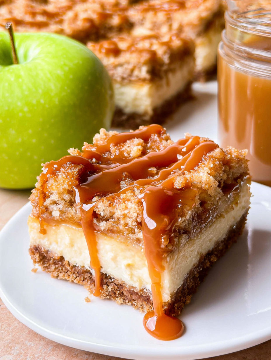 Porcja batona serowego z jabłkami i karmelem.