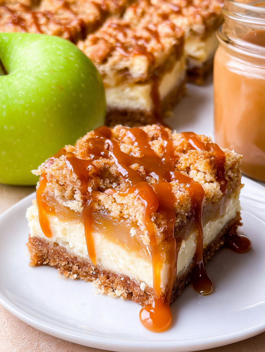 Porcja batonów serowych z jabłkami i karmelem.