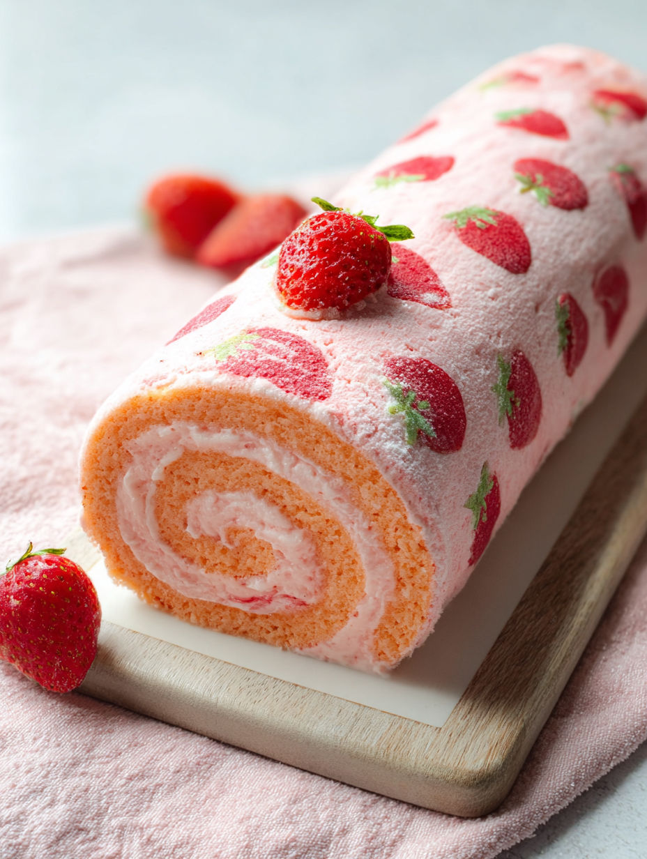 Rolada z truskawkami na wierzchu.