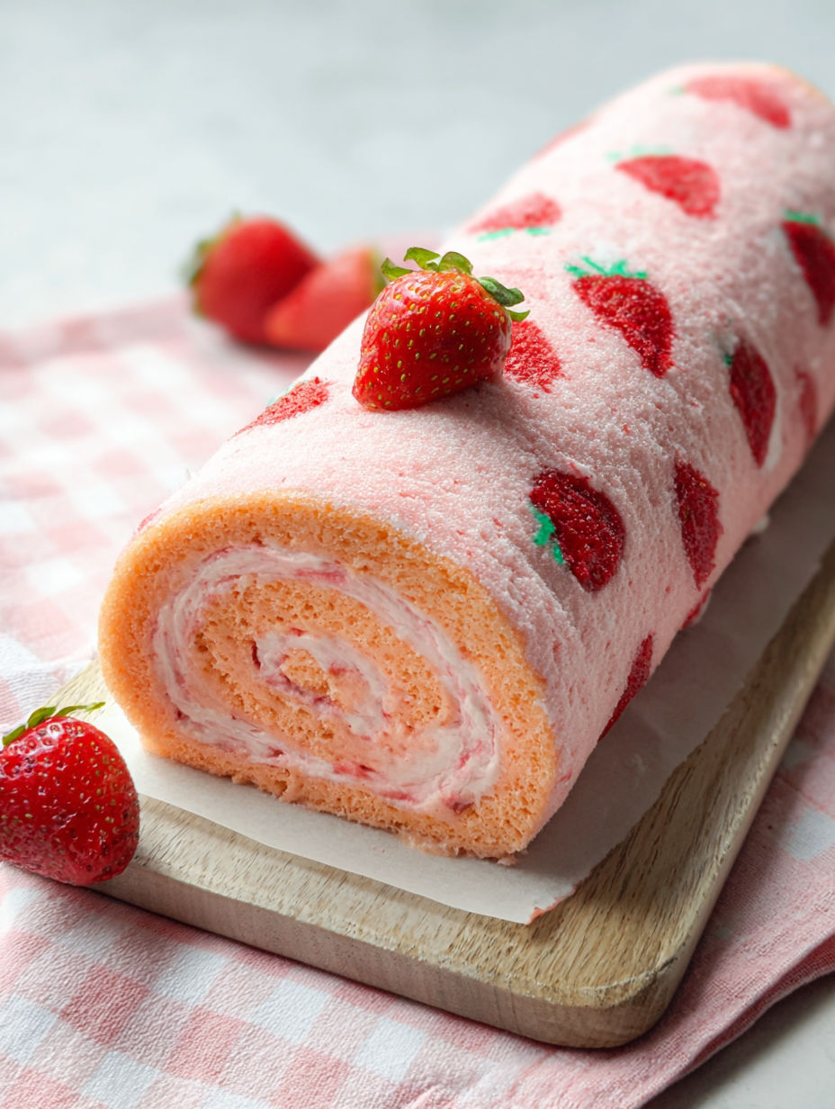 Rolada z ciasta z truskawkami na wierzchu.