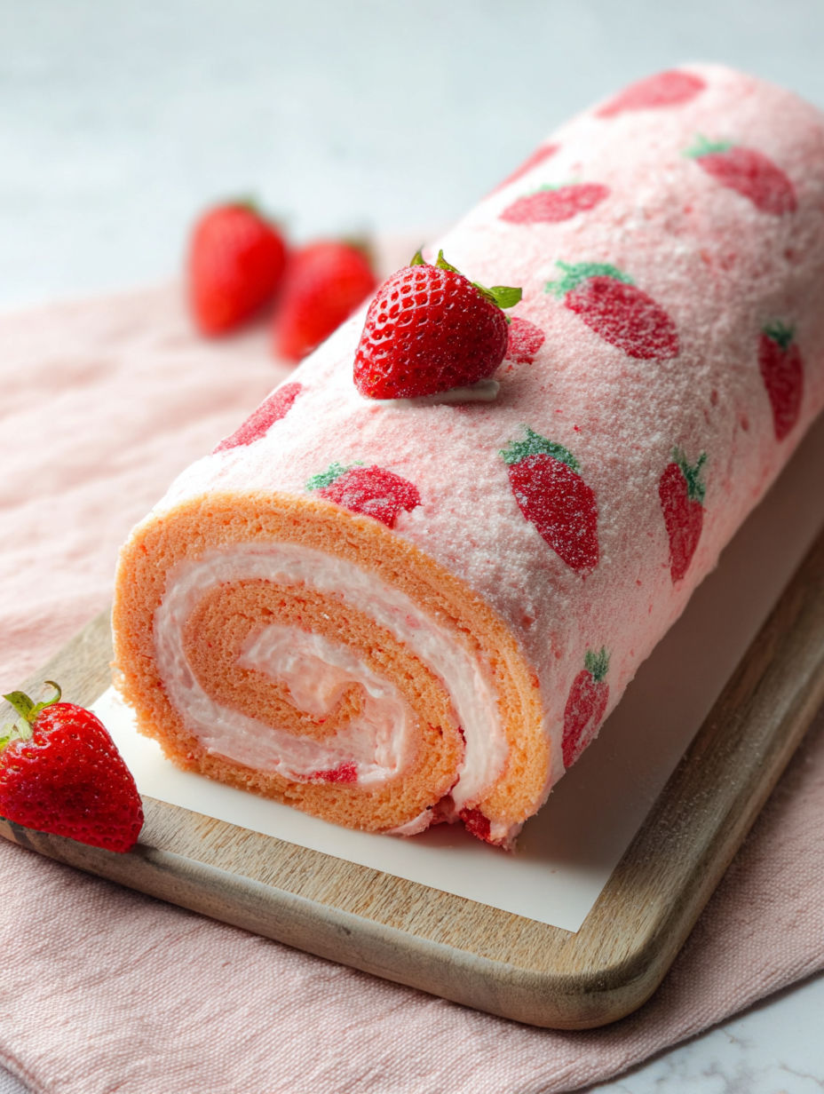 Rolada z ciasta z truskawkami na wierzchu.