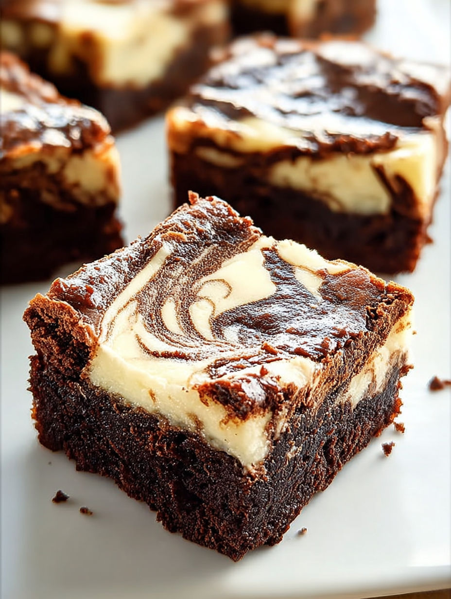 Zbliżenie na brownie z serem i czekoladą.