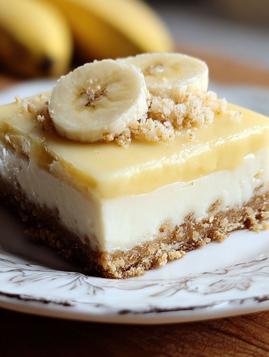 Kawałek bananowego sera na spodzie herbatnikowym.